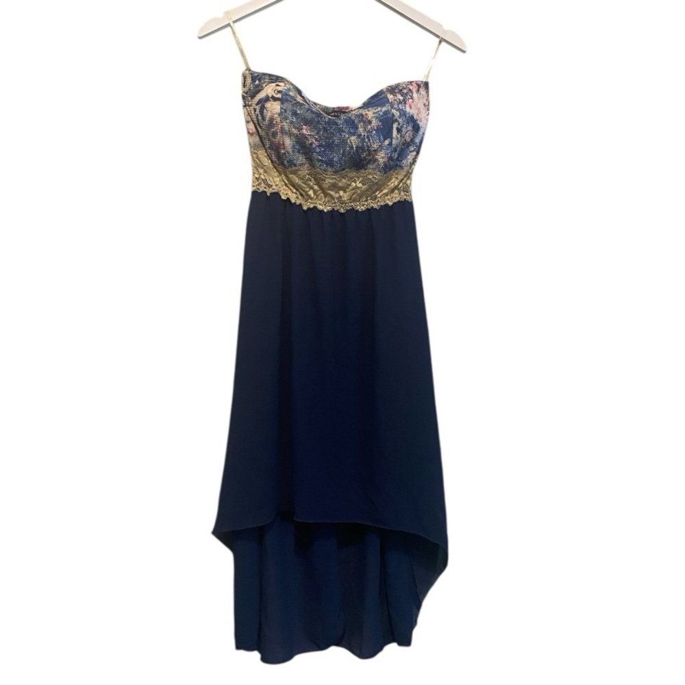 New look strapless high low Elegant Navy and Gold Women's Dress | Large